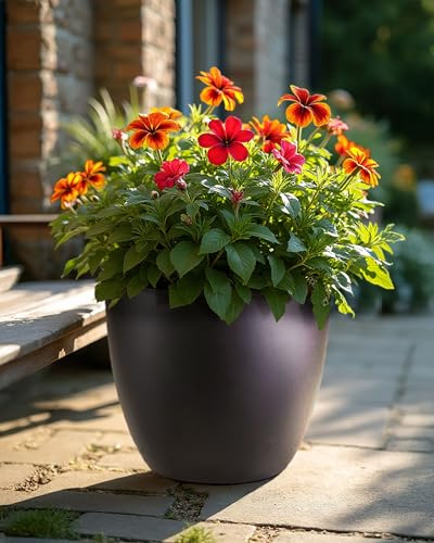 IDEALIST 50cm Large Planter for Trees | Black Reinforced Stone Egg Flower Pot | Garden Planters with Drainage Holes D50 H50 cm, with Inner Top D44 cm, 98 litres