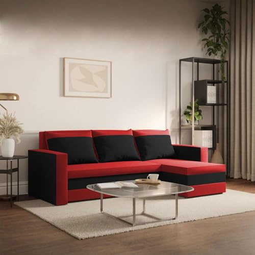FORNIRO 24 Loft Ecksofa 225x130x75cm Rot-Schwarz Wohnzimmer Couch Modern | Mit Schlaffunktion & Bettkasten - L-Form - Kissen - Stoff Komfort | ausziehbar Gäste bequem Stauraum Design hochwertig robust
