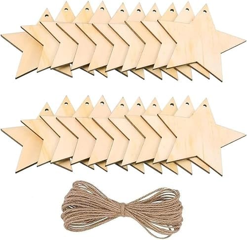 20 Pieces Natural Wooden Star Shapes, Shape Wooden Star Embellishment,Wood Stars Embellishments, for House Garden Home DIY Art Craft Christmas Tree Party Decoration