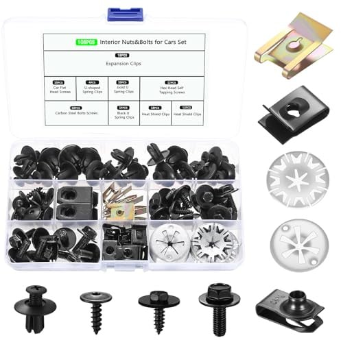 108 Karosserieschrauben mit Muttern,Karosserie Blechmuttern Sortiment,Blechmutter Schraube Mutter Clip Kit & U Type Karosserie Clips & Klemmscheiben Hitzeschutzblech,Schrauben Set für Auto Unterboden