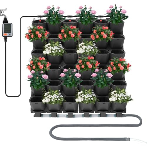 Macetero de pared con riego automático, juego de plantas verticales para jardín, con temporizador de riego, 36 macetas, para balcón, terraza, interior y exterior, 100 x 118,5 cm, apilable (negro)