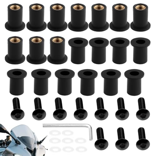 AEUXZA 31 Pièces Kit de Fixation Pare-Brise M5 – 10 Écrous en Caoutchouc (5×14 mm), 10 Rondelles Transparentes (5×11 mm), 1 Clé Allen M5 – Pour Moto, Vis pour Bulle & Carénage de Moto (5×16 mm) (Noir)