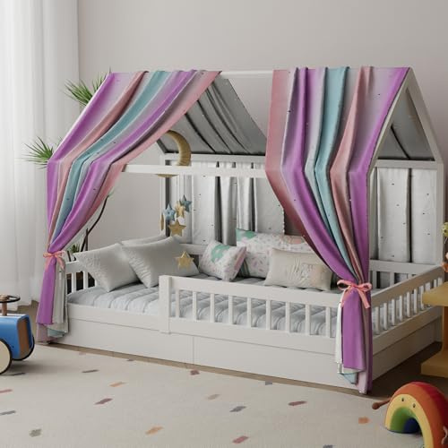 Pacok Hausbett Himmel 2er-Set, mit ausgestanzten Sternen 70x270 cm Bunt | Bunter Betthimmel Hausbett, Stoffhimmel für Hausbett Deko, Hausbett Vorhang für Mädchen und Jungen, Himmel für Hausbett