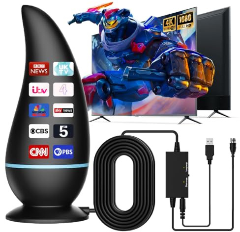 Indoor TV Aerial for Smart & Old TVs, Long Range Reception,Magnetic Base,Digital Antenna with Signal Booster, Portable Design for 4K/1080P HD Channels