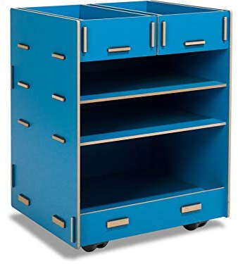 Modulor Kinder-Rollcontainer aus beschichtetem MDF, Schreibtisch Rollschrank (BxHxT: 38 x 49 x 34 cm) mit Zwei Schubladen und DREI Fächern, blau
