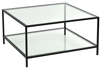 Homy Casa Square Glass Coffee Table with Metal Legs Storage Shelf Side table for Living Room 80 * 80 * 42cm