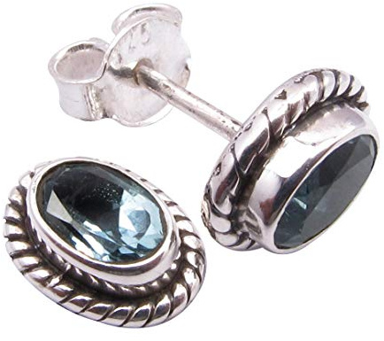 SilverStarJewel 925 Massivsilber 4 x 6 mm Blauer Topas Tibetische Ohrringe 1 cm Bijoux