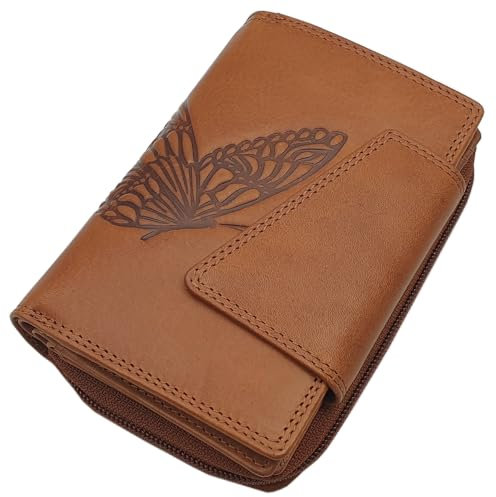 myledershop Echt Rindleder Damen Geldbörse/Geldbeutel/Portemonnaie/Portmonaise/Geldtasche/Portmonee in Hochformat mit Schmetterling-Motiv mit RFID & NFC Schutz in Cognac oder Kirschrot (Cognac)