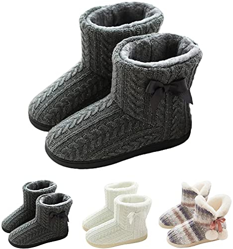 GURGER Hausstiefel Damen Plüsch Hausschuhe Hohe Hüttenschuhe Gefüttert Warm Winter Pantoffeln Strick Slipper Feste Sohle für Frauen Grau Gr. 37 38