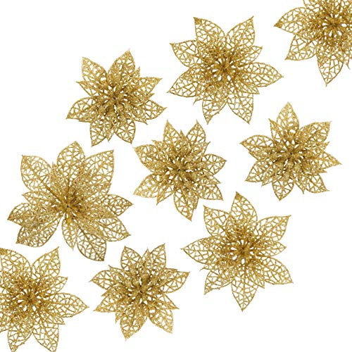 Naler 24-teilig Weihnachtsblumen Glitzer Blumen Weihnachten Deko Weihnachtsbaumschmuck Poinsettia für Weihnachtsbaum Adventskranz, Gold