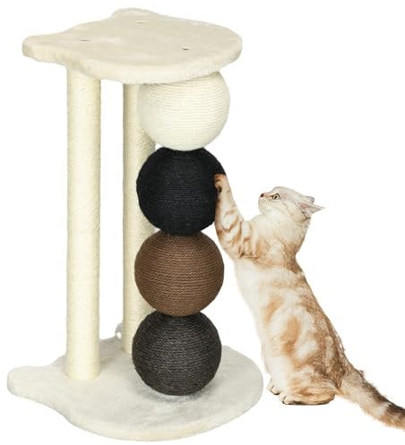 PawHut Kratzsäule für Katzen, Katzenkratzbaum Kratzbaum mit Plattform, Kratzstamm mit 2 Sisalpfosten und 4 Sisalbällen, Katzenkratzer Spielzeug, 38 x 38 x 64 cm