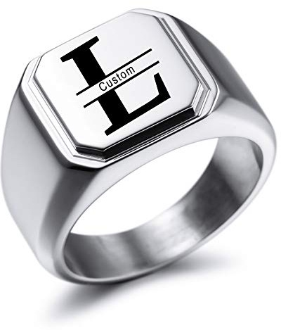 MeMeDIY Personalisierte Gravur Monogramm-Buchstaben-Signet-Ring für Männer Frauen Mädchen Jungen Edelstahl-Hochzeitsringen Benutzerdefiniert Schmuck Bündel mit Ringgrößeneinstellern