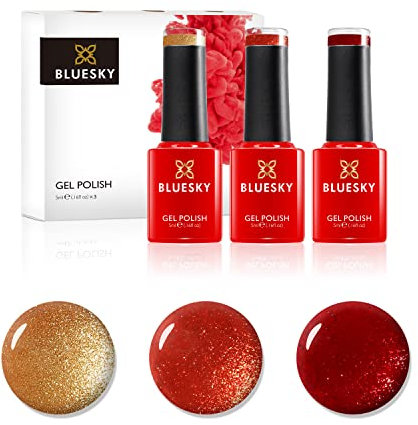 Bluesky Gel Polish, Gel Nagellack Set, Burnt Crystals. Red Glimmer A001, Frosty Gold Jq09, Burnt Sienna Sj19. 3 x 5 ml Orange, Braun, Glitzer, Rot er Pack(x)