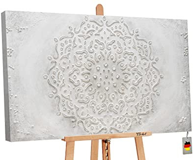 YS-Art Abstrakt Acryl Gemälde auf Leinwand Friedlich handgemalt Wandbilder Wohnzimmer modern Wohndekor Design Bild grau weiß harmonisch echte Kunst 120x80 cm