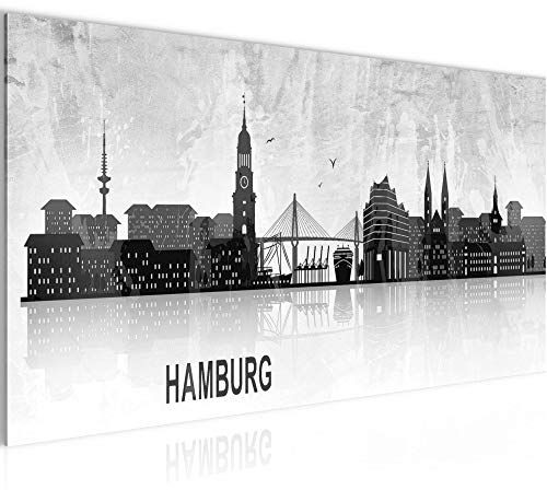 Runa Art Wandbild Hamburg 1 Teilig 100 x 40 cm Modern Bild auf Vlies Leinwand Städte Wohnzimmer Schlafzimmer Schwarz Weiss 035912a