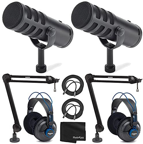 SAMSON Q9U Lot de 2 Microphones de Diffusion Dynamique XLR/USB + 2 Casques Professionnels de référence Studio + 2 Bras de Perche Micro + 2 câbles Micro + Chiffon