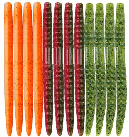 LAIBOREC Senko Bait, 12PCS Fishing Soft Plastic Lures, 5.71inch Worms Bass Fishing Lure Kit Rubber Stick Baits with Salt for Wacky Rig Saltwater Freshwater