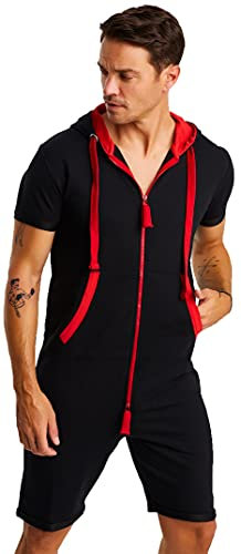 Björn Swensen Jumpsuit Herren kurz Sommer Baumwolle Jogginghose Kurze Hose Overall Onesie Männer T-Shirt Kapuze Sommerjumpsuit Schlafanzug Jogginganzug BS-3010 Schwarz-Rot Large