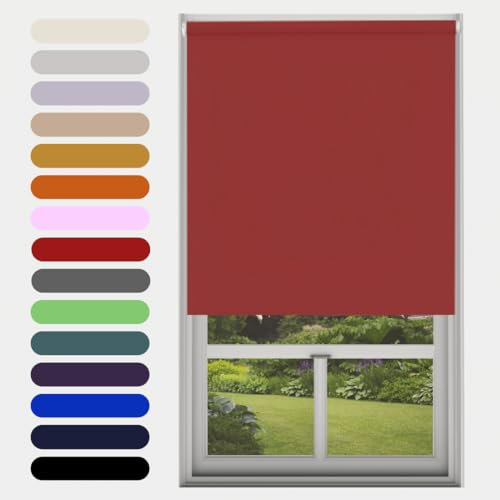 Red Blackout Roller Blind Metal Fittings Trimmable UV Protection Thermal Properties Premium Fabric Home Office Bedroom Kids Room Child Safe Easy Fit 90cm Width x 160cm Drop