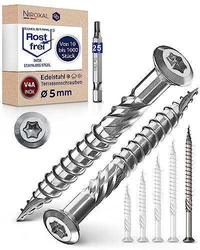 Tornillos de terraza 5 x 80 de acero inoxidable A4, tornillos de cabeza alomada de 5 mm de diámetro, tornillos de acero inoxidable para 250 unidades, tornillos Torx de 80 mm de largo + 1 broca Torx