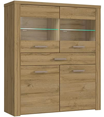 Newroom Highboardvitrine Alteiche Kommode Modern - 126,9x143,9x41,3 cm (BxHxT) - Sideboard Highboard Anrichte - [Cottonia.Four] Wohnzimmer Wohnstube Büro