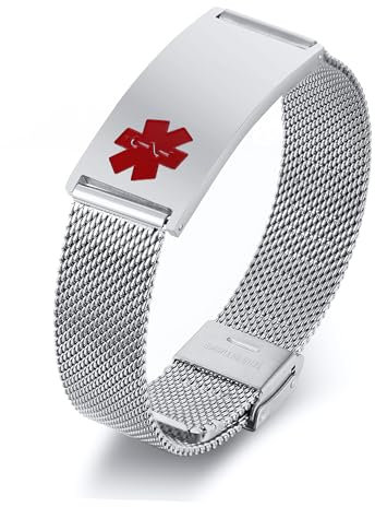 Notfallarmband Medizinisch Damen Personalisiert Uhrenarmband:VNOX Personalisiertes ID Armbänder mit Gravur Verstellbares Medizinischer Armband aus Edelstahl Männer,Rot Silber