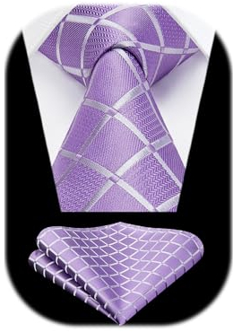 HISDERN Krawatte für Herren Lila Formelle Klassische Karierte Krawatten mit Einstecktuch Hochzeit Herrenkrawatte und Taschentuch Set für Männer
