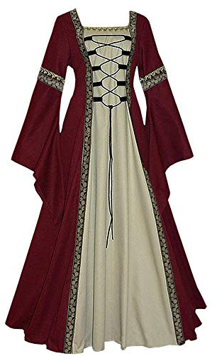 Feynman - Robe femme médiévale, à manches trompette - Reine victorienne - Robe maxi, de Renaissance gothique - Costume de Carnaval, Halloween, Fête, Princesse - Bordeaux - XXL