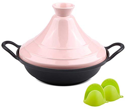 Casserole Dishes with Lids Cast Iron Tagine Pot, Moroccan Tajine with Enameled Cast Iron Base and Silicone Gloves (Gray)