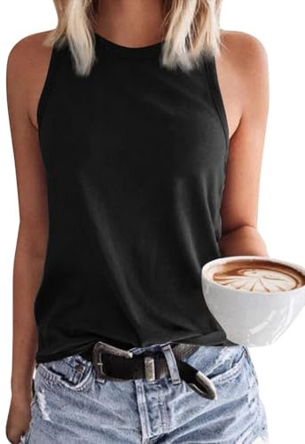 GeGekoko Damen Tank Top Ärmellose Oberteile Sommer Tanktops Rundhals Blusentop Basic Baumwolle Strand Tops Sexy Vest Bluse Schwarz L