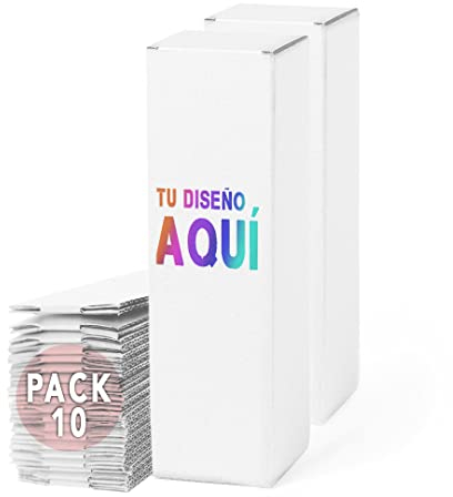 Pack 10 Cajas Blancas de Cartón Personalizadas - Logo o Frase que Elijas en el Frontal – Ideal para Botella, Termos y otros Regalos de Empresa, Navidad, Eventos – 8x26,7x8cm