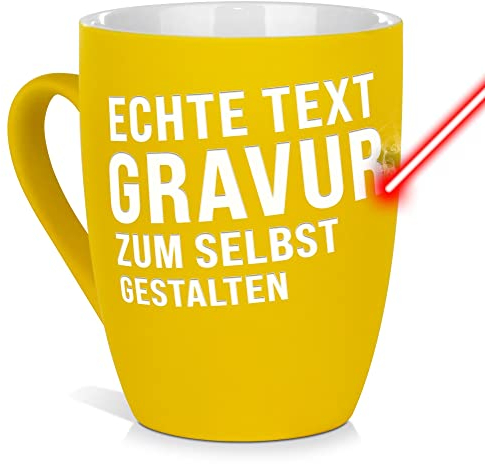 Tasse mit Gravur selbst gestalten - mit eigenem Spruch / Wunschname gravieren - Geschenk Geburtstag, Weihnachten, Freunde, Familie Keramiktasse außen gummiert - Gelb, 300 ml I Lasergravur