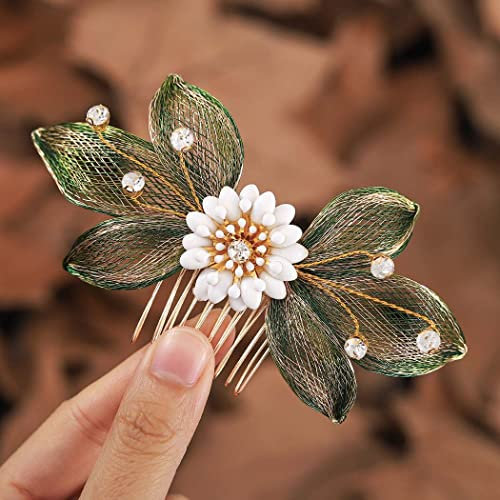 Ushiny Blumen-Hochzeits-Haarkamm, goldfarben, Haarschmuck, Strass, Braut-Haarteil, Abschlussball, Blatt, Seitenkamm für Frauen und Mädchen
