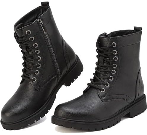 ziitop Boots for Women Waterproof Ladies Black Walking Ankle Boots Work Lace Up Side Zipper Womens Black Platform Leather Walking Booties