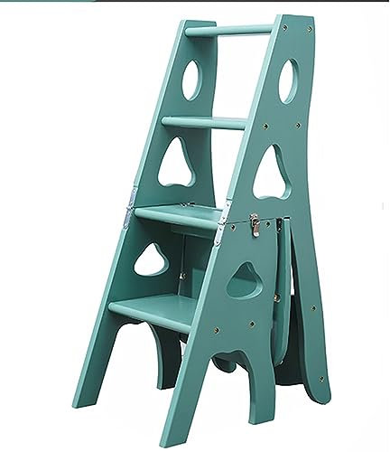 JHDXL Wooden Folding Library Ladder Chair, Multifunction 3-in-1 Step Stool, Display Ladder And Storage Shelf For Library, Foldable Ladder For Home, 331lbs Capacity (Color : Light gray green)