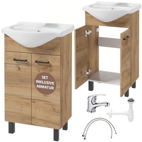 Domodomo - Armoire de salle de bain avec lavabo - 85 x 50 x 41 cm - Meuble de salle de bain debout avec tiroir et meuble bas - Ensemble élégant avec lavabo en céramique