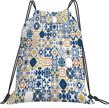DELURA Rucksack mit Kordelzug,Mosaik Portugiesisches Azulejo Mediterraner Arabesken-Effekt,Kordelzug-Sackpack für Sport, Yoga, Reisen, Cinch-Tasche mit Reißverschlusstasche