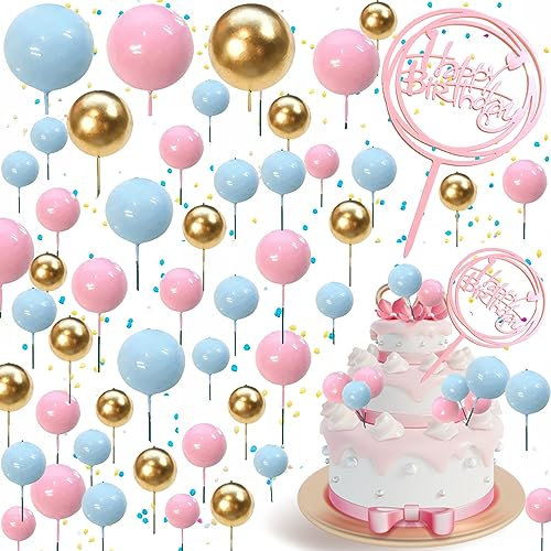 50 Stück Kuchen-Dekoration Kugeln, Mit Rosa Kuchendekorationseinsatz, DIY Tortendeko Hochzeit, Blau/Rosa/Gold Tortendeko Kugeln, Cupcake Topper Schaum, Für Geburtstag Hochzeit Deko