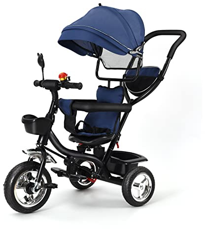 4-in-1 Baby-Dreirad für Kinder Baby Dreirad mit Schubstange/Faltbarer Markise/Aufbewahrungskorb, Sicher und bequem, Geeignet für Kinder unter 8 Jahren,75cm x 46cm x 106cm