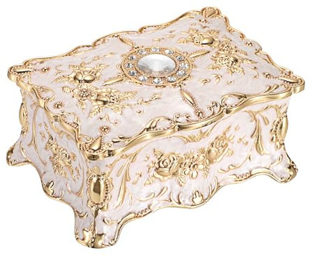 IGNPION Vintage Jewellery Box Jewelry Display Case for Ring Necklaces Earrings Trinket Storage Organizer Case Antique Silver Mini Keepsake Box (Beige, Small)