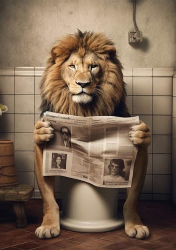 Lion sur WC, poster DIN A4 sans cadre, décoration murale, pour salle de bain, cadeau amusant