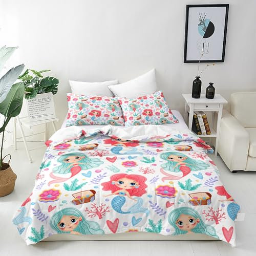 ANHOPE Ozean Unterwasser Meerjungfrau Bettwäsche Set 3 Teilig Bettbezug 155x220 cm & 2 Kissenbezug 80x80 cm Microfaser Bettbezüge mit Reißverschluss Weich Bettdeckenbezug Set für Kinder Mädchen