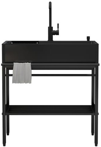 Küchenorganisation Spüle,Waschbecken Organizer Küchen Spüle mit Abtropfschale,Freistehende Edelstahl Spültisch Spülbecken Küchenspüle Schwarz,mit 360° Wasserhahn(60x45cm(23.6x17.7))