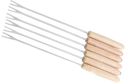 Set mit 6 Fonduegabeln aus Edelstahl mit Holzgriff für Schokolade, Käse und S'mores