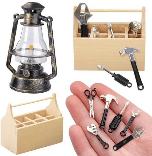 Wichtel Zubehör Baustelle, 1/12 Miniatur Werkzeugkasten Holz, Wichtel Werkzeug Set, Öllampe, Wichtelzubehör, Wichteltür Set Weihnachten Weihnachtswichtel