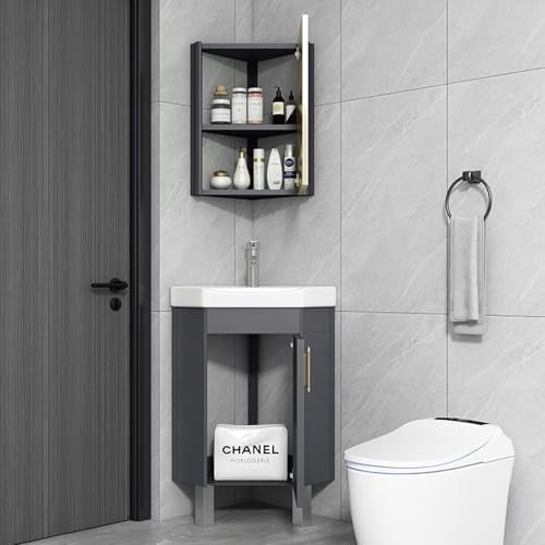 Eck-waschtisch für Badezimmer, Waschtisch mit Unterschrank und Waschbecken und Spiegelschrank, Badezimmerschrank Mit Wasserhahn Und Abfluss, Mit Heißem Und Kaltem Wasserhahn(38CM/14.9IN)