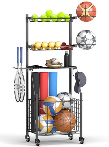 Nisorpa Garage Organizer Für Sportgeräte, Beweglich Basketball Aufbewahrungsregal, Ballständer mit Haken