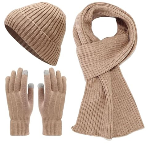 Set MüTze Schal Damen Schal-Handschuhe-Mützen-Set für Teenager-Mädchen, Damen und Herren, Winter, warme Wollmütze, Schal-Handschuhe, dreiteilig Damen MüTze Mit Fleece (Khaki, One Size)