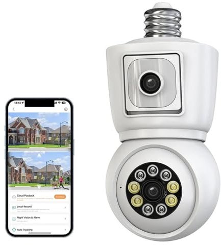 JVDDI Home Security Camera 4K 6MP E27 Bulb Camera Dual Lens Dual Screen Auto Tracking Two Way Audio Color Night Vision Outdoor Survalance Camera(Camera Add 32G)