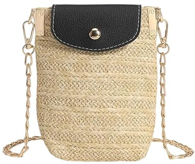 Mabecol Damen Umhängetasche aus Naturstroh – Kleine Strandtasche mit Magnetverschluss, Schultertasche Damen für Alltag & Reisen, Sommer Beach Bag, Stilvolle Tasche für Frauen (Schwarze Kette)